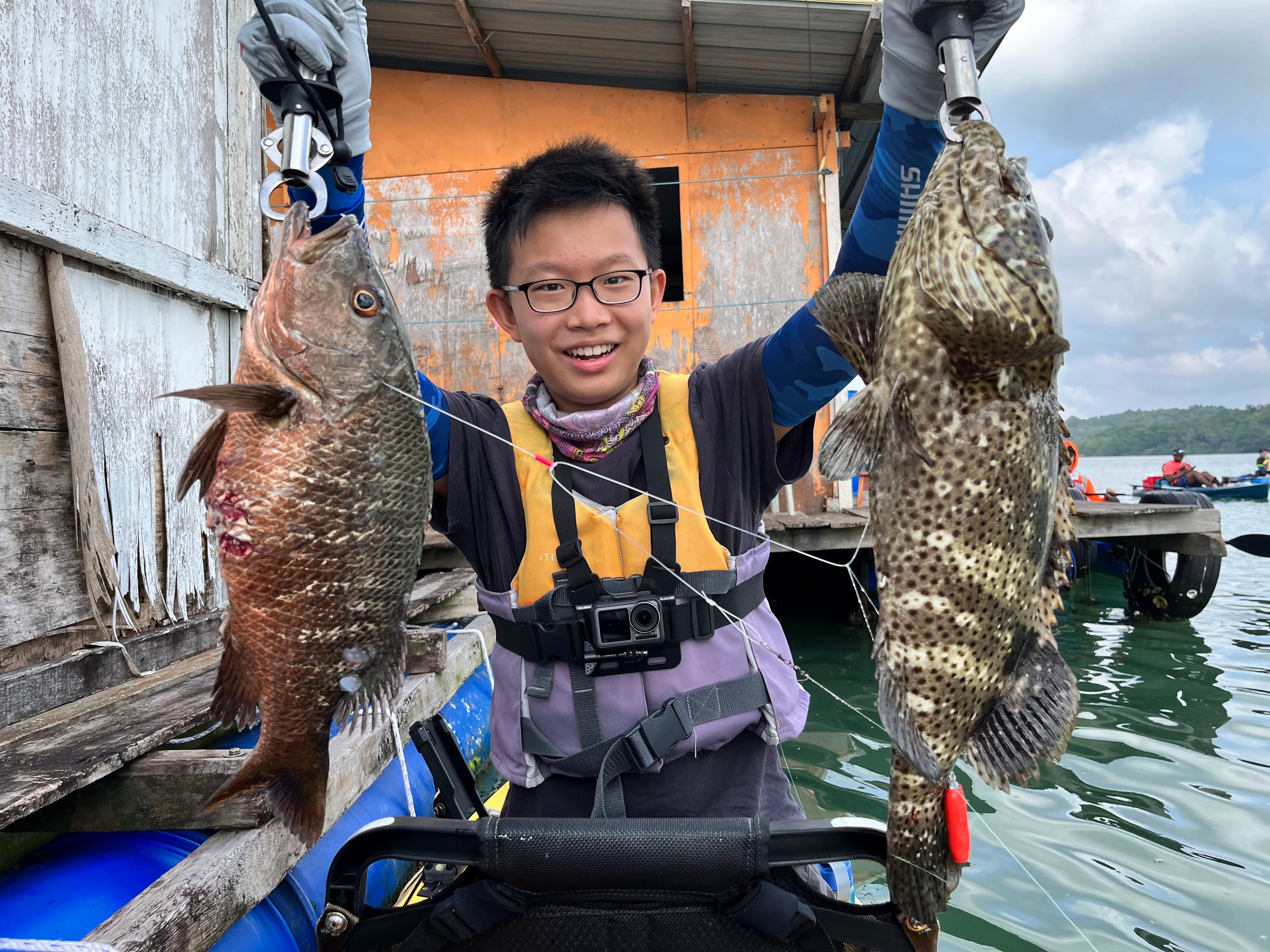 Load video: Singapore fishing youtube Roy Yang catches 1 Mangrove jack and 1 Hybrid grouper on the same line on Purehybridz Kayak Fishing Tour at Pulau Ubin