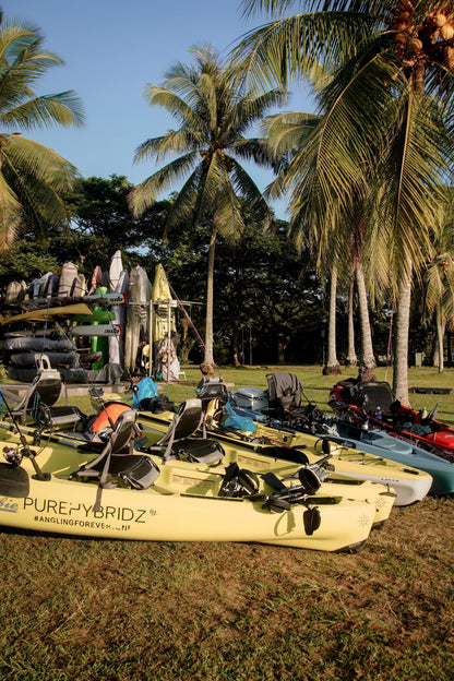 Purehybridz kayaks lined up, prepared for the kayak fishing tour - Hobie Compass Duo, Hobie Passport